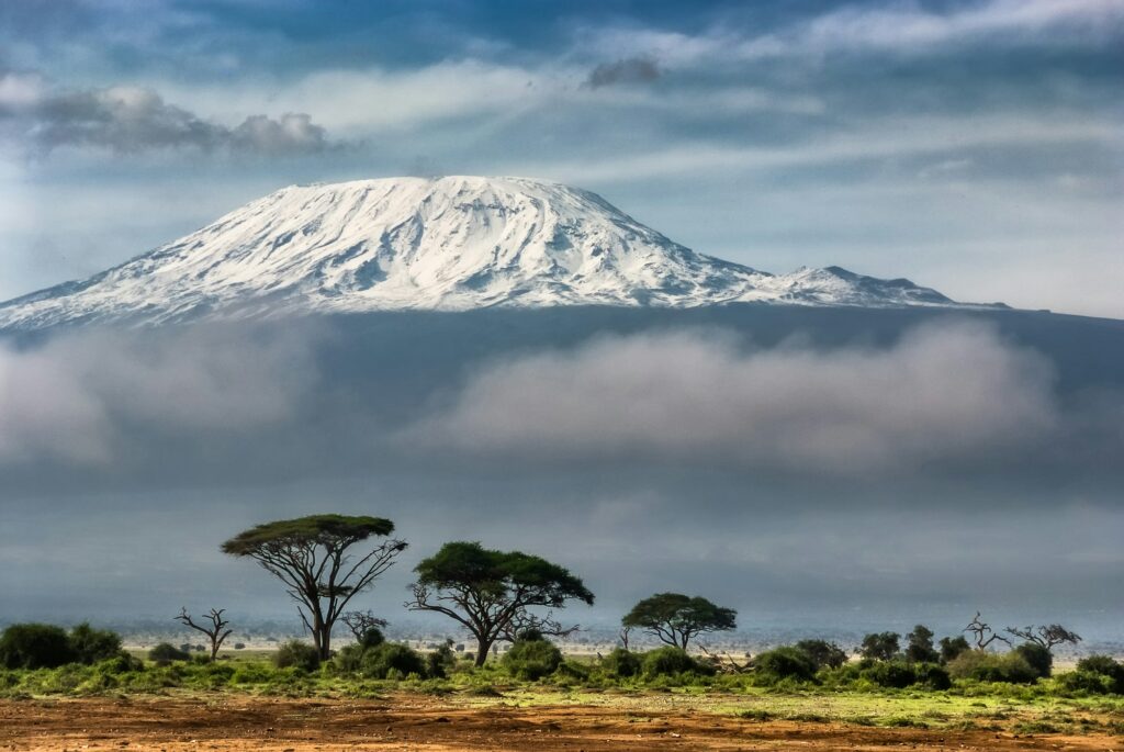 O Kilimanjaro coberto de neve visto da savana